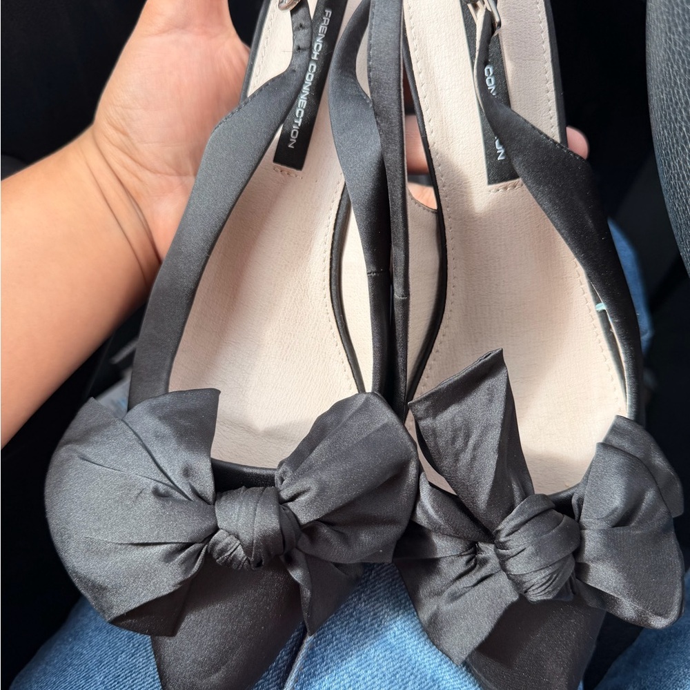 French Connection Black Satin Bow Flats